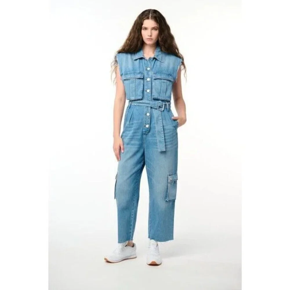 Blank NYC Denim Jumpsuit SMALL Relaxed Fit Belted Cropped Raw Straight Leg‎